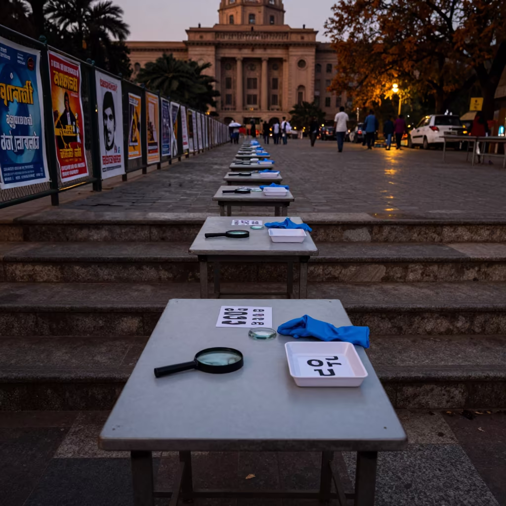 Ballot Inspection Table on Prayagraj City Hall Steps in on the steps of city hall in Prayagraj