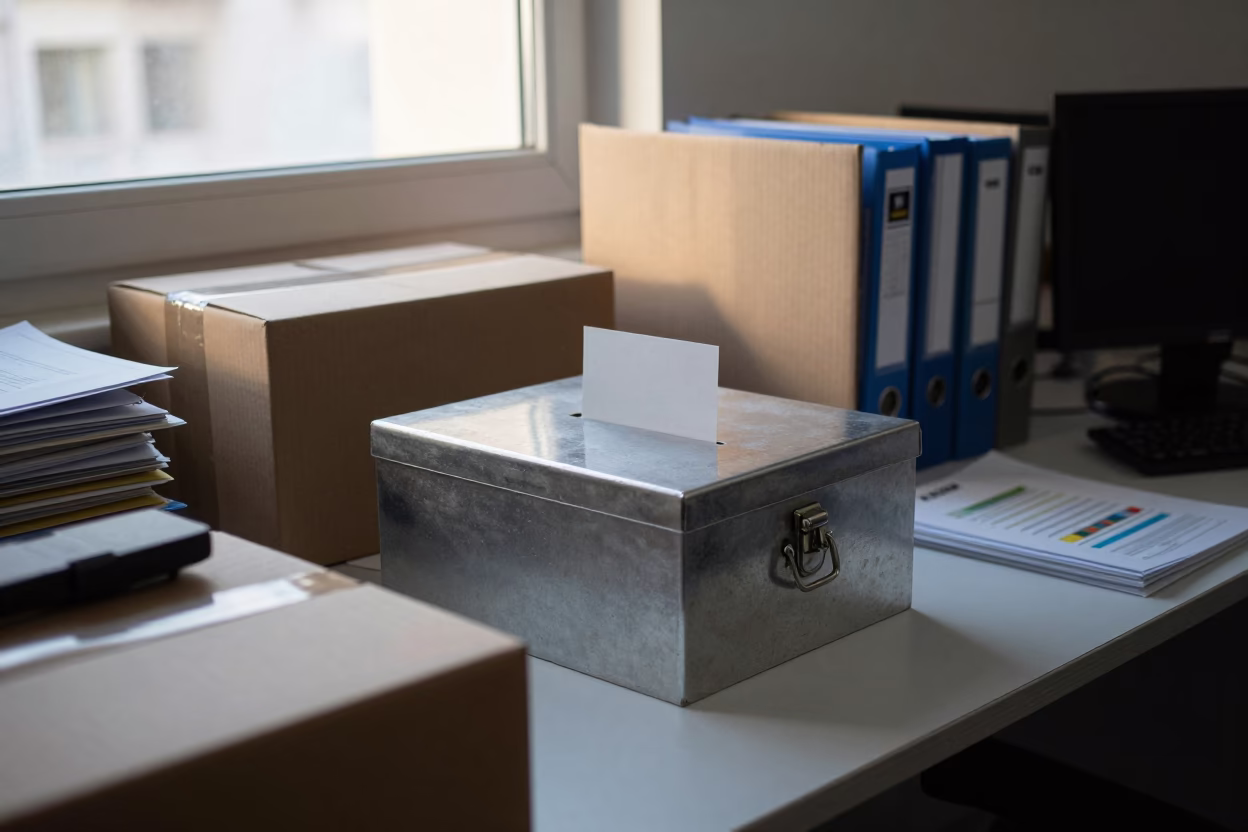 Ballot Lockbox in Al-Safira Office Before Dawn in inside a coworking floor in Al-Safira