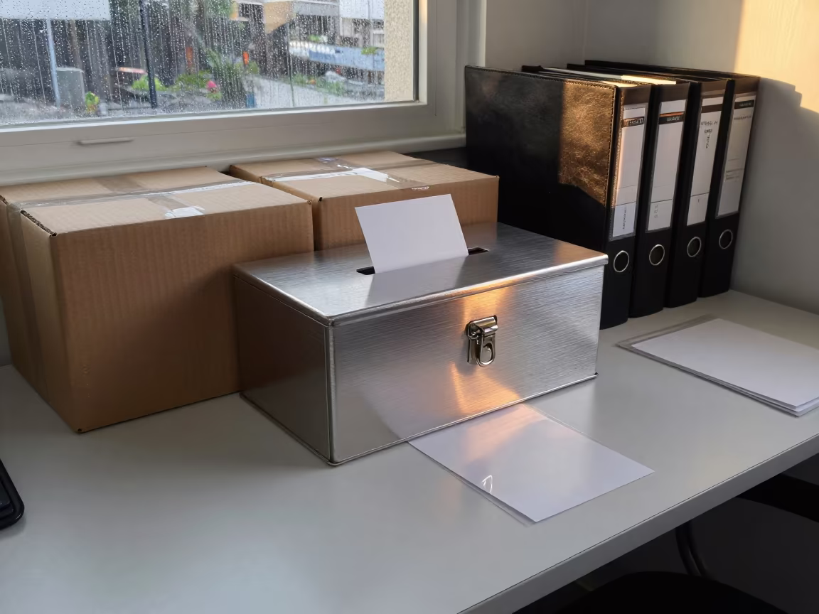 Ballot Lockbox on Huancayo Boardroom Table in at a boardroom table before a meeting near Huancayo