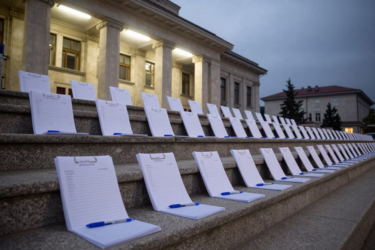 Ballot Sleeves and Pens on City Hall Steps in on the steps of city hall near Sofia