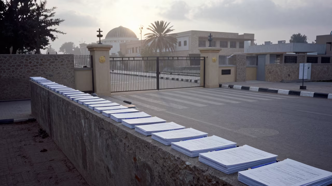 Ballot Sleeves and Pens at Sanaa School Gate in at a crosswalk by a school gate in Sanaa
