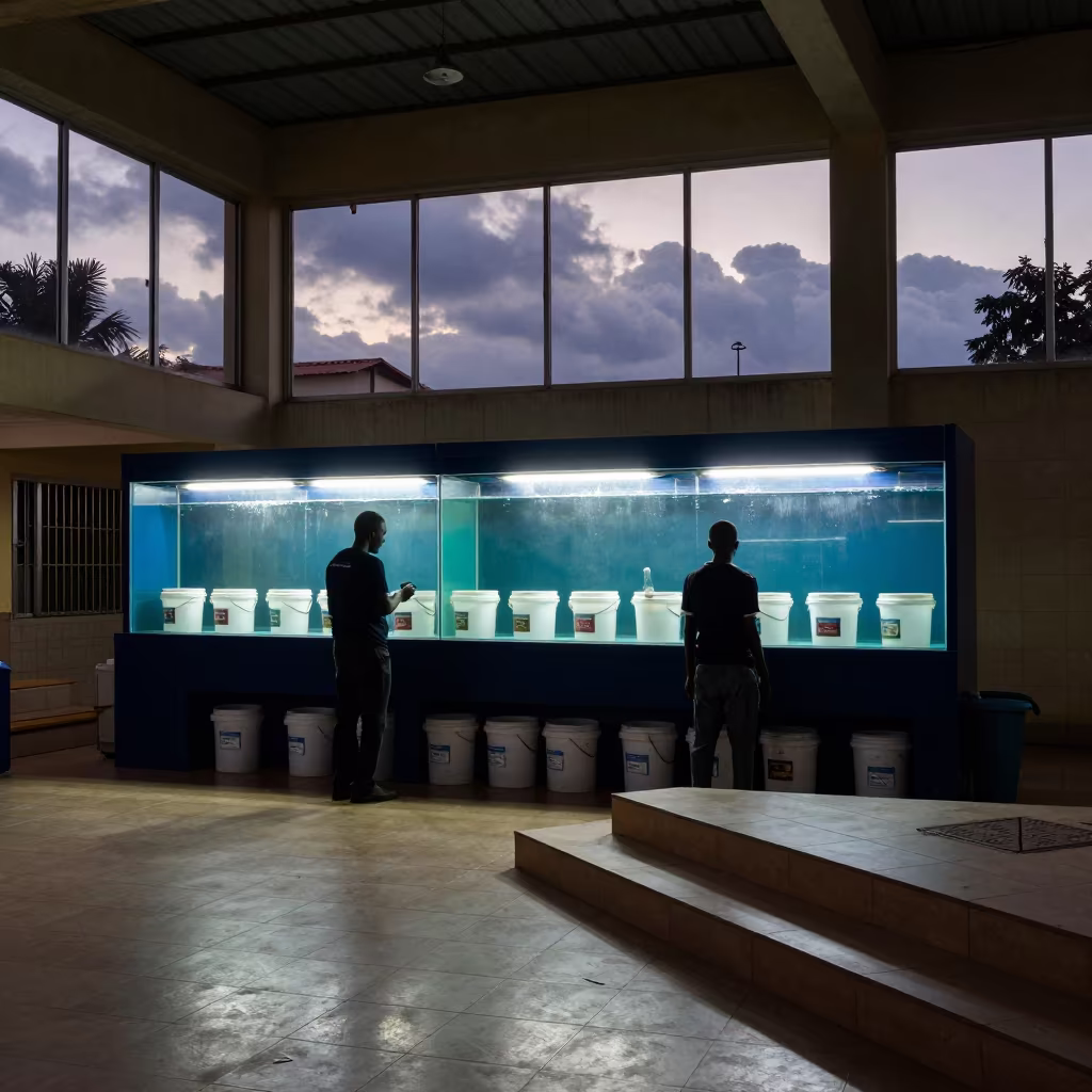 Bamako Aquarium Bucket Station Evening Light in inside a tiled stair hall in Bamako
