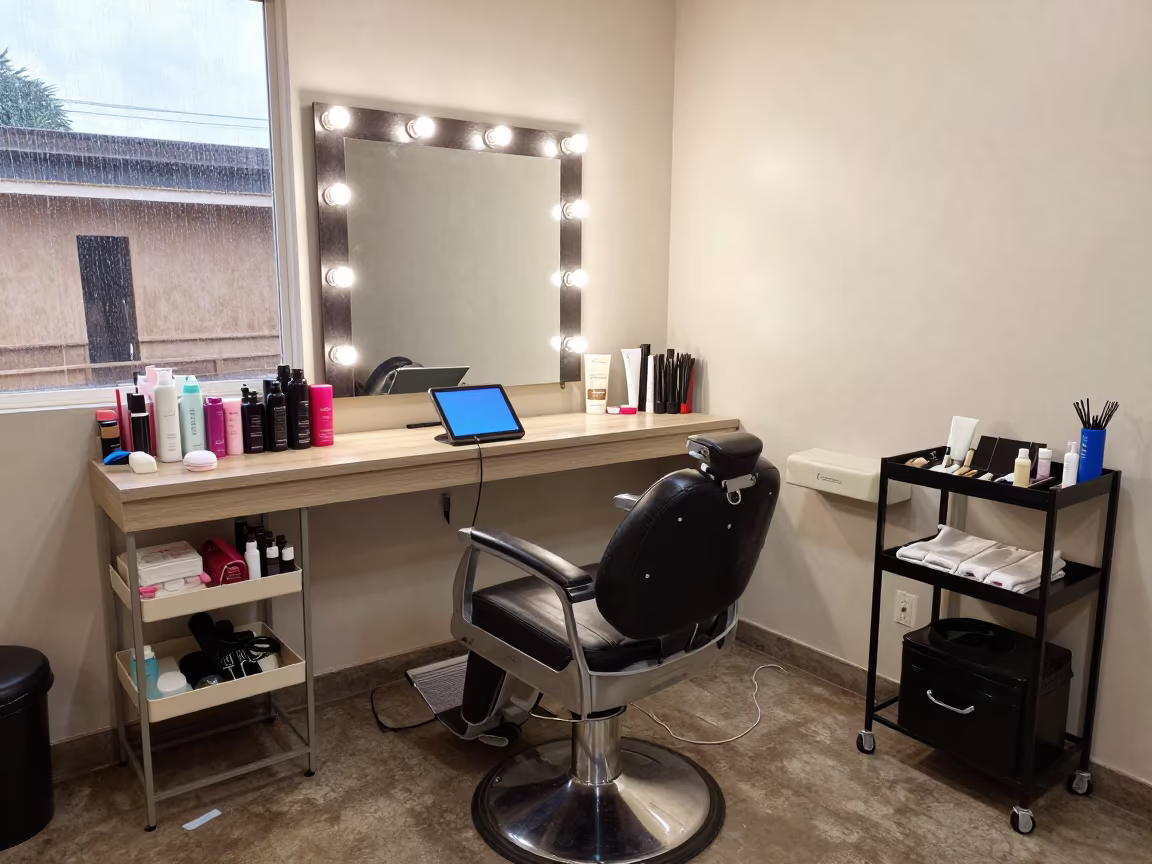 Bamako Barber Station Tablet Before Dawn Consult in at a barber station beneath mirror bulbs in Bamako