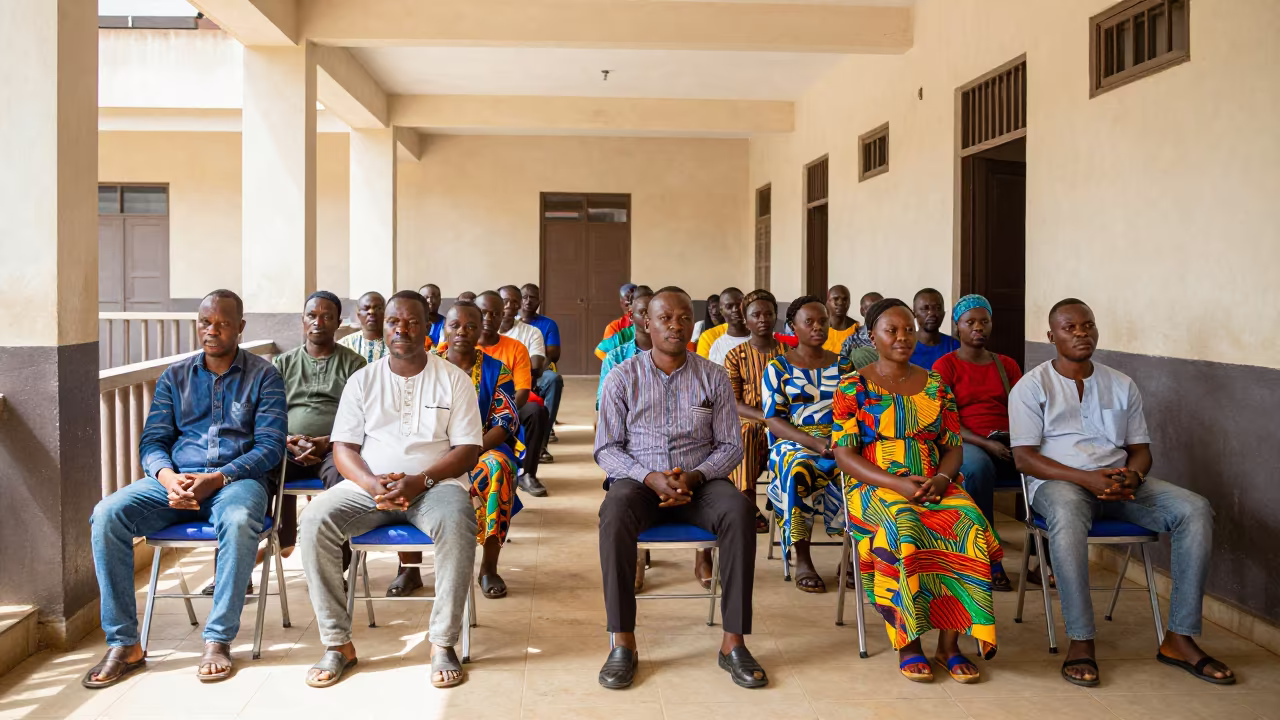 Bamako Courtyard Audience Waiting for Hearing in in a courthouse corridor in Bamako