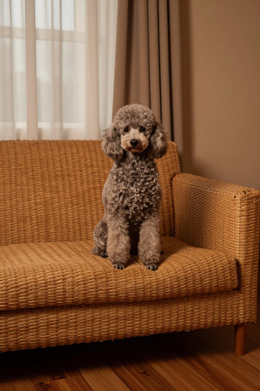 Bamako Poodle Portrait on Sofa Near Curtained Window in on a sofa near a curtained window with calm indoor light in Bamako