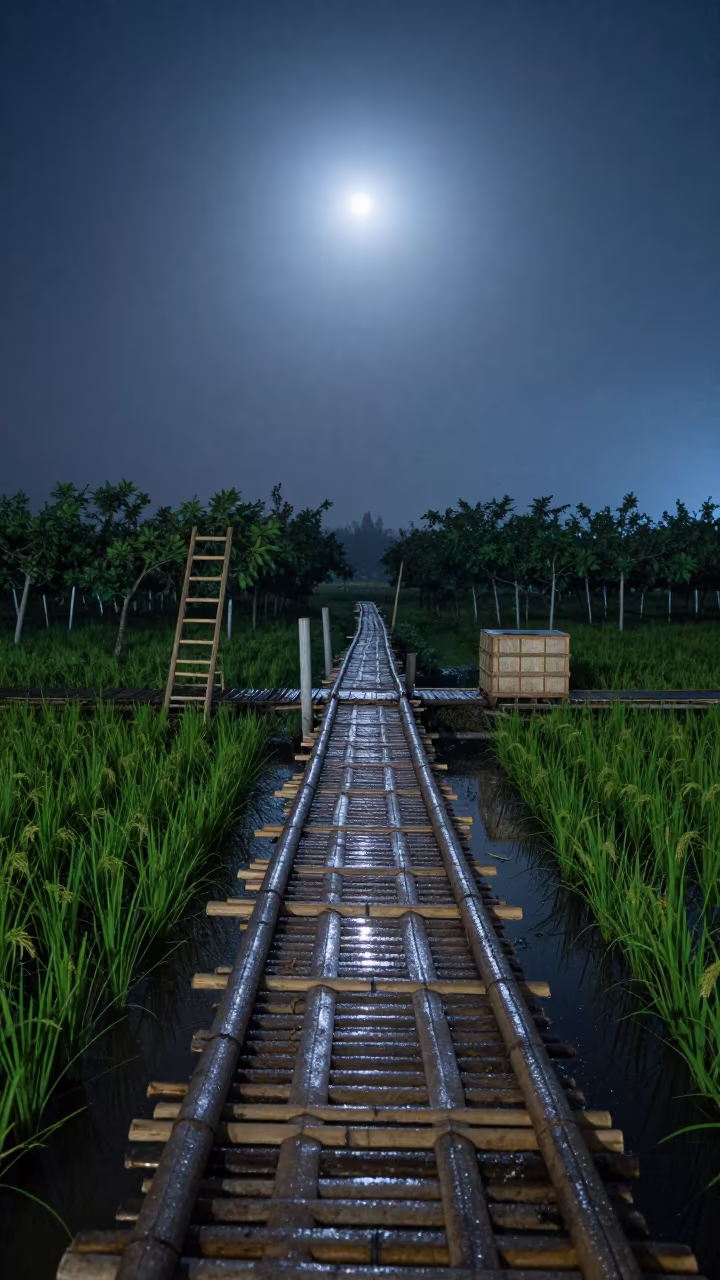Bamboo Bridge Over Rice Paddy in Night Fog in among orchard ladders and crates in Goa