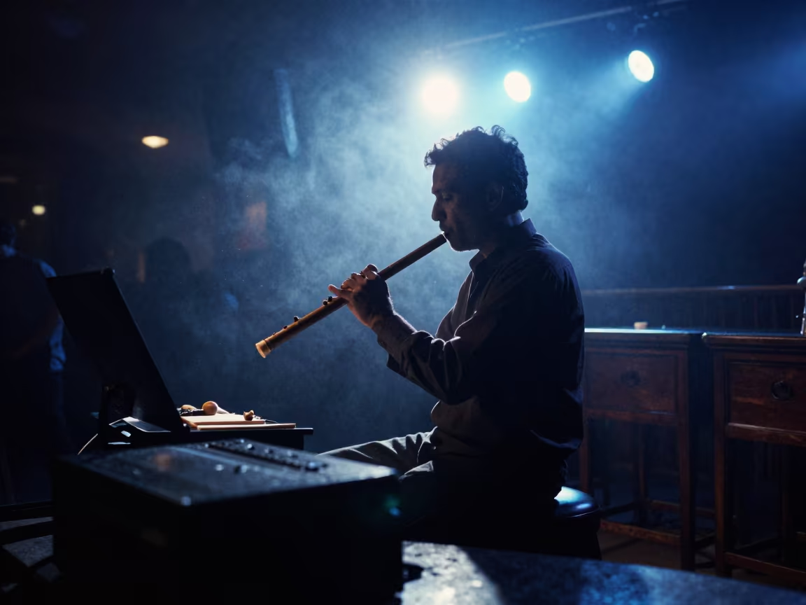 Bamboo Flute Maker Silhouette at Colombo Jazz Club in at a jazz club in Colombo