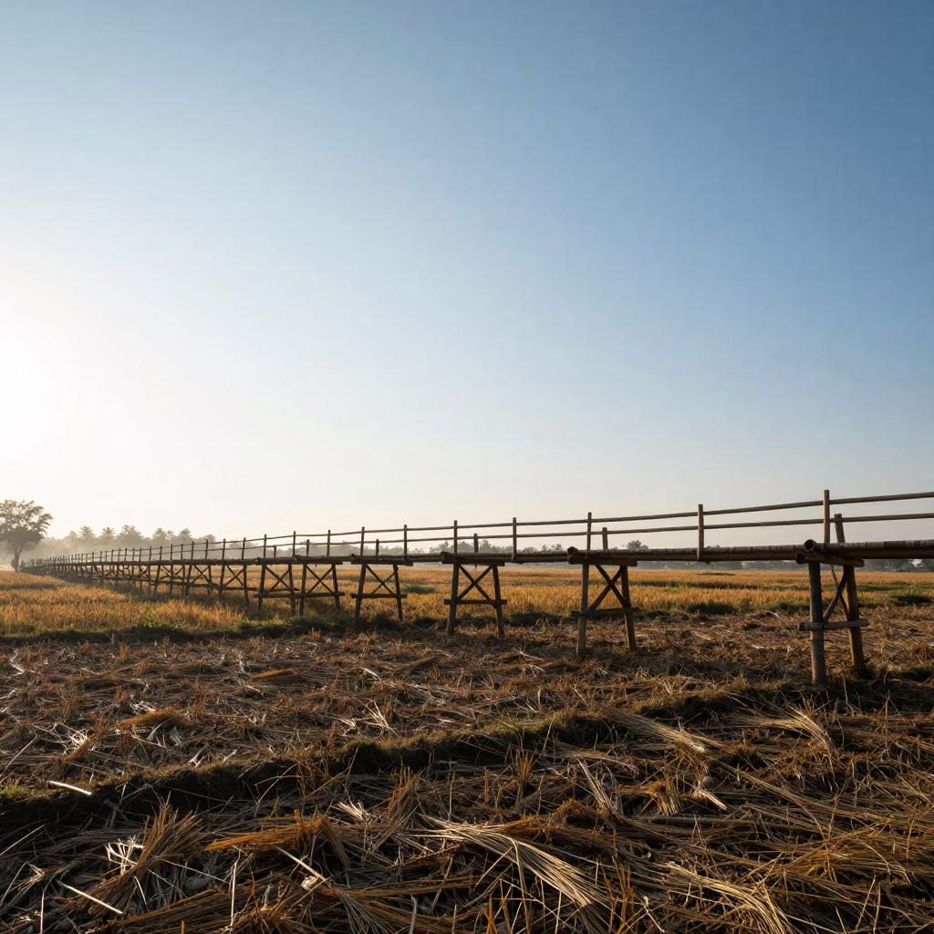 Bamboo Footbridge Over Rice Paddy in across a harvested grain field in Tamil Nadu