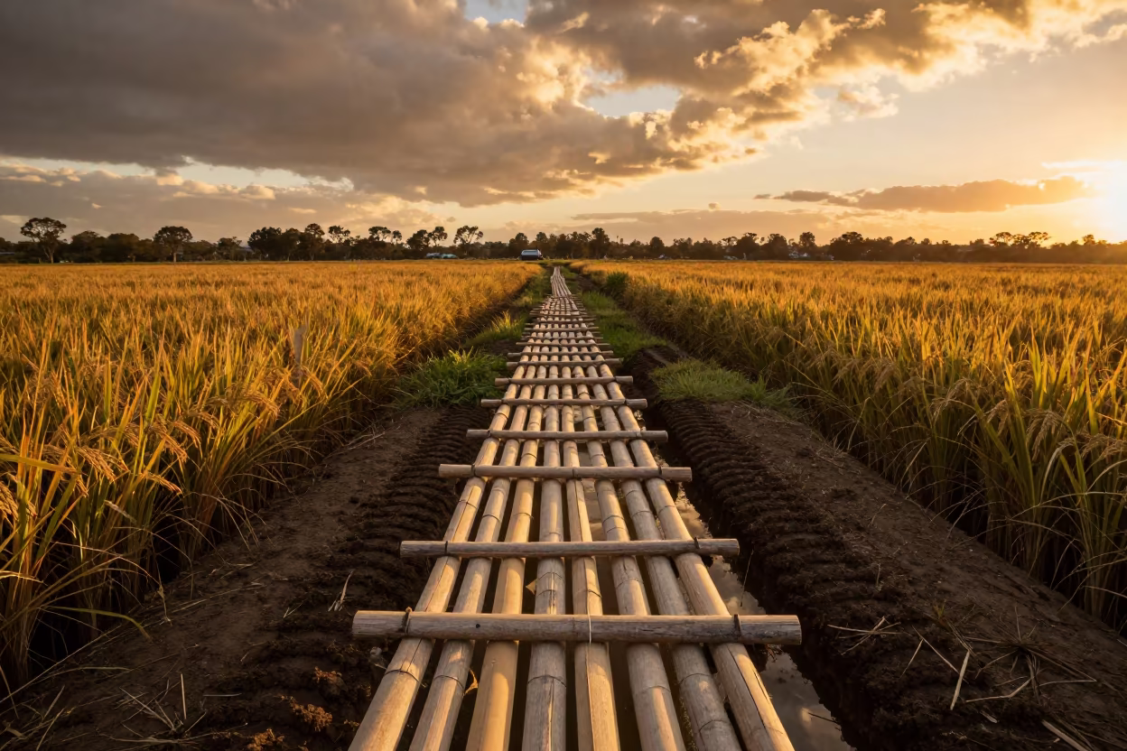 Bamboo Footbridge Over Rice Canal at Golden Hour in beside a tractor track through dark soil in Australia
