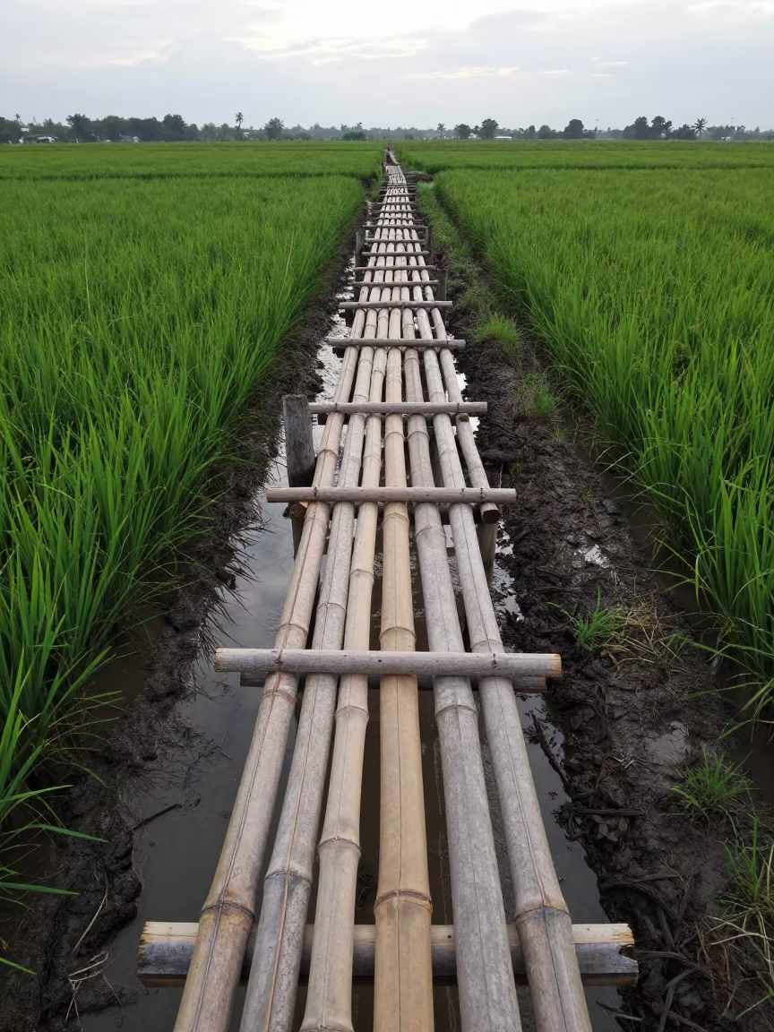 Bamboo Footbridge Over Rice Paddy Canal in Jamaica in along freshly irrigated rows in Jamaica