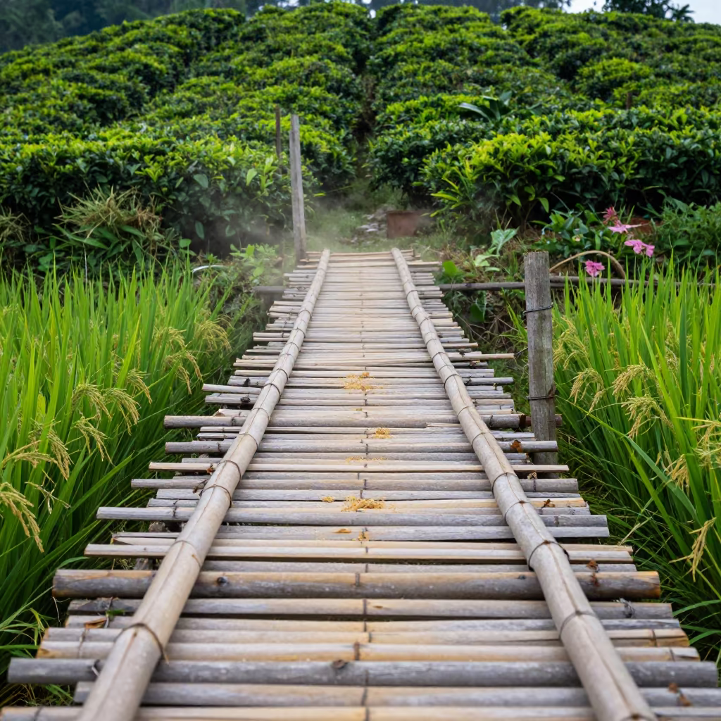 Bamboo Footbridge Over Rice Paddy in Malaysian Tea Fields in at the edge of a tea plantation in Malaysia