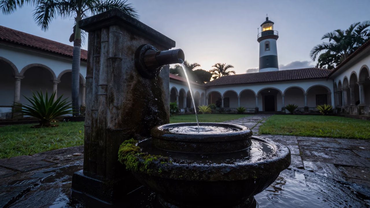 Bamboo Fountain Dawn Light Salvador Temple in in a cloister garden near Salvador