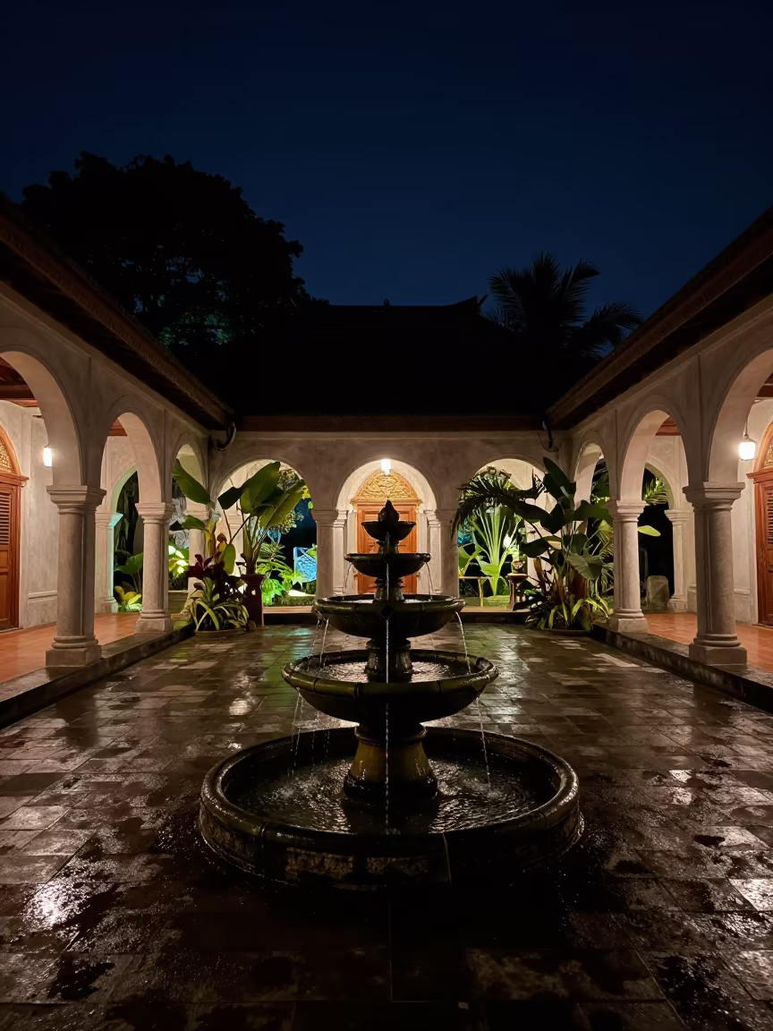 Bamboo Fountain in Philippines Temple Courtyard Night in in a cloister garden in Philippines