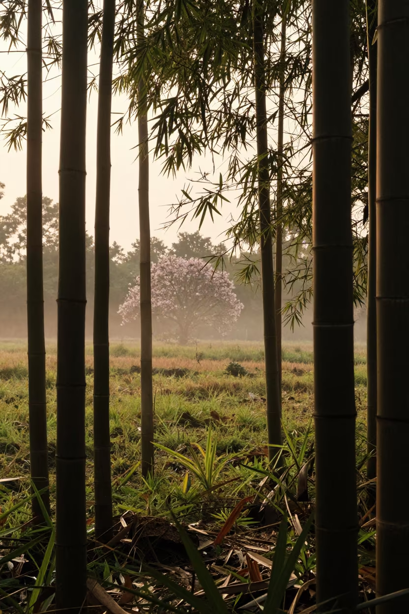 Bamboo Grove in Jakarta Meadow Evening Light in in a bloom-heavy meadow near Jakarta