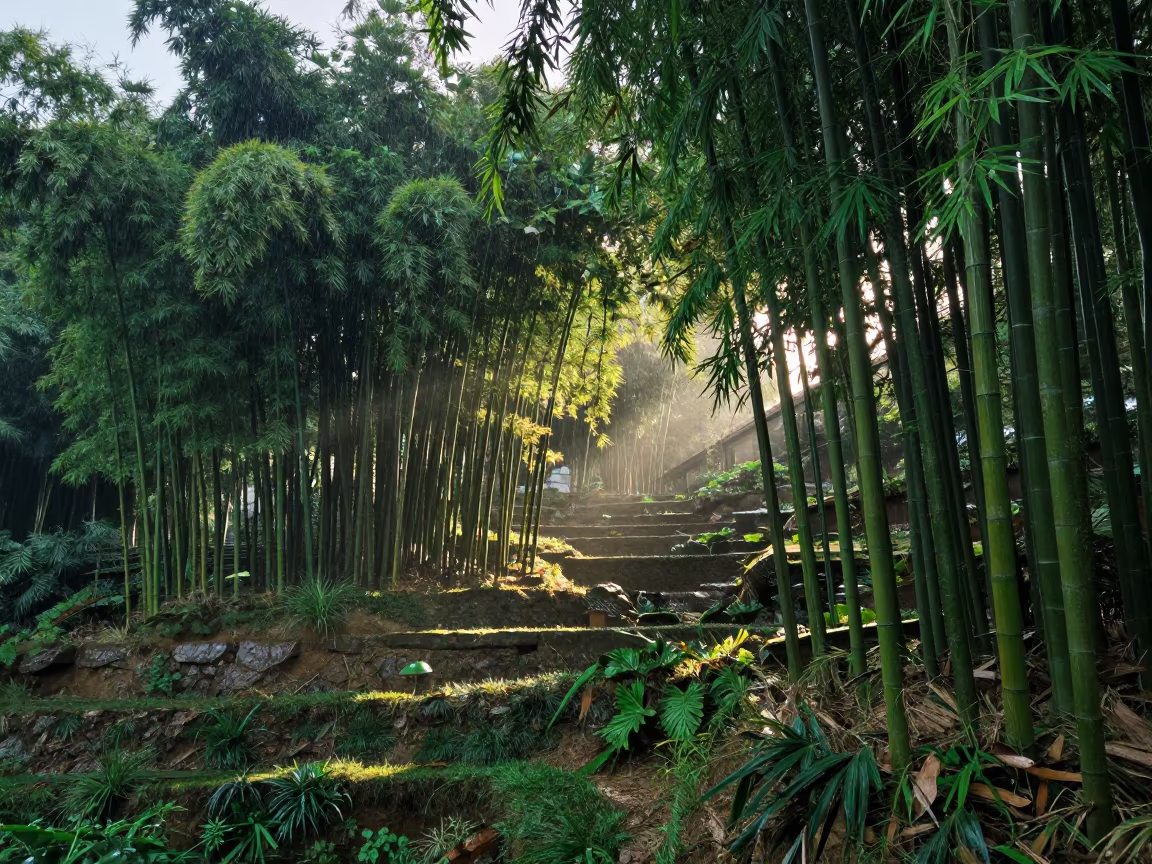 Bamboo Grove in Storm Light After Rain in among terraced garden plots near Kingston