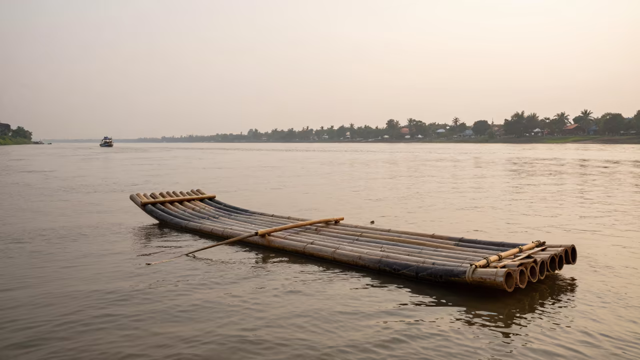 Bamboo Log Raft Crossing River Near Ho Chi Minh City in across a remote ferry crossing near Ho Chi Minh City