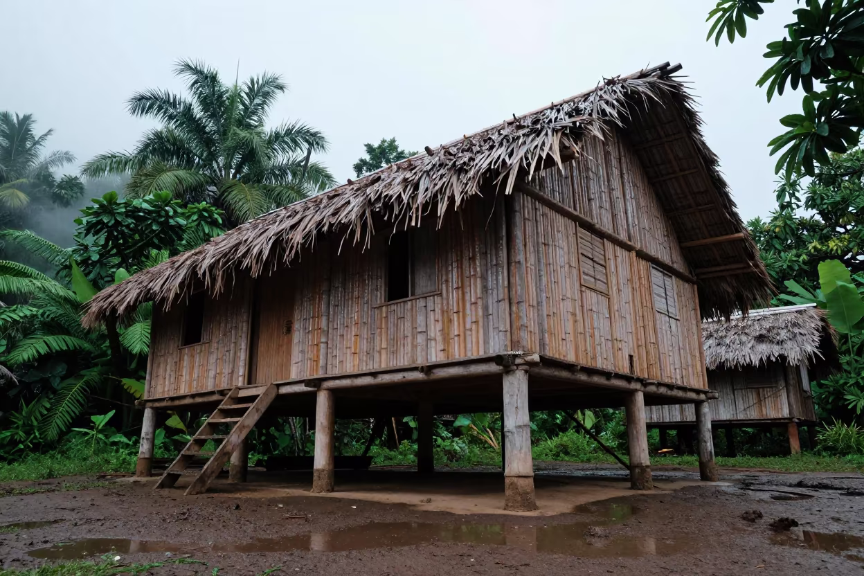Bamboo Longhouse After Rain in Dominican Village in in Dominican Republic