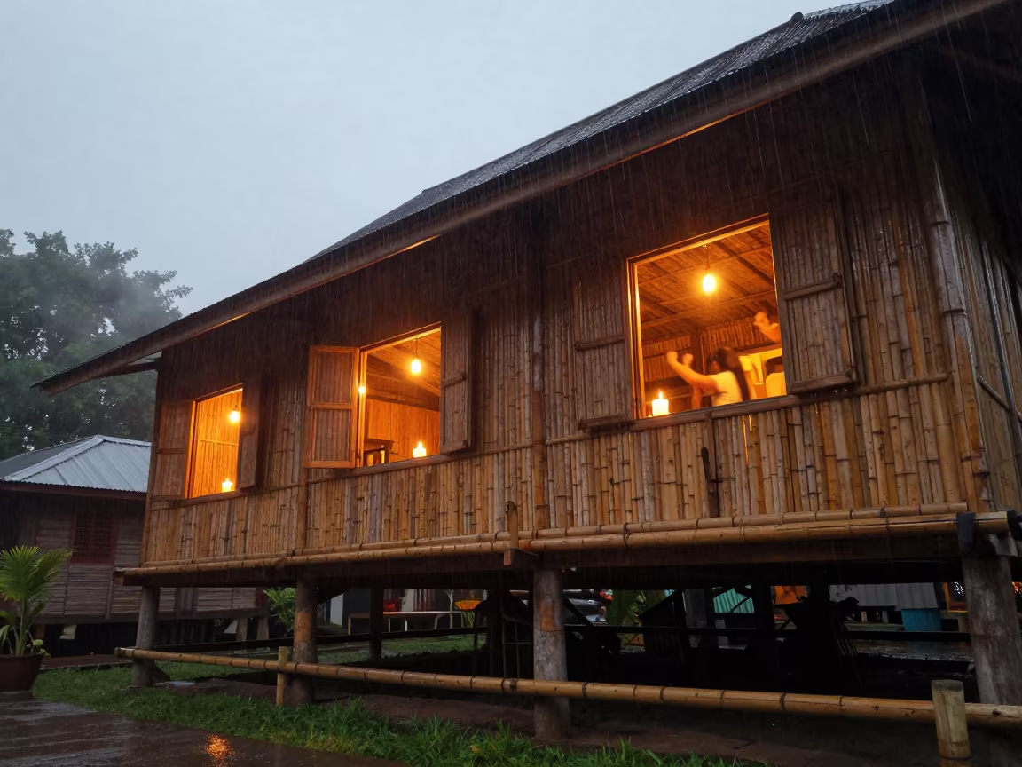 Bamboo Longhouse Dawn Glow in Bangkok Fog in near Talat Noi, Bangkok