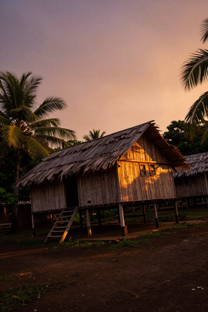 Bamboo Longhouse Tilted at Sunset in Cuba in in Cuba