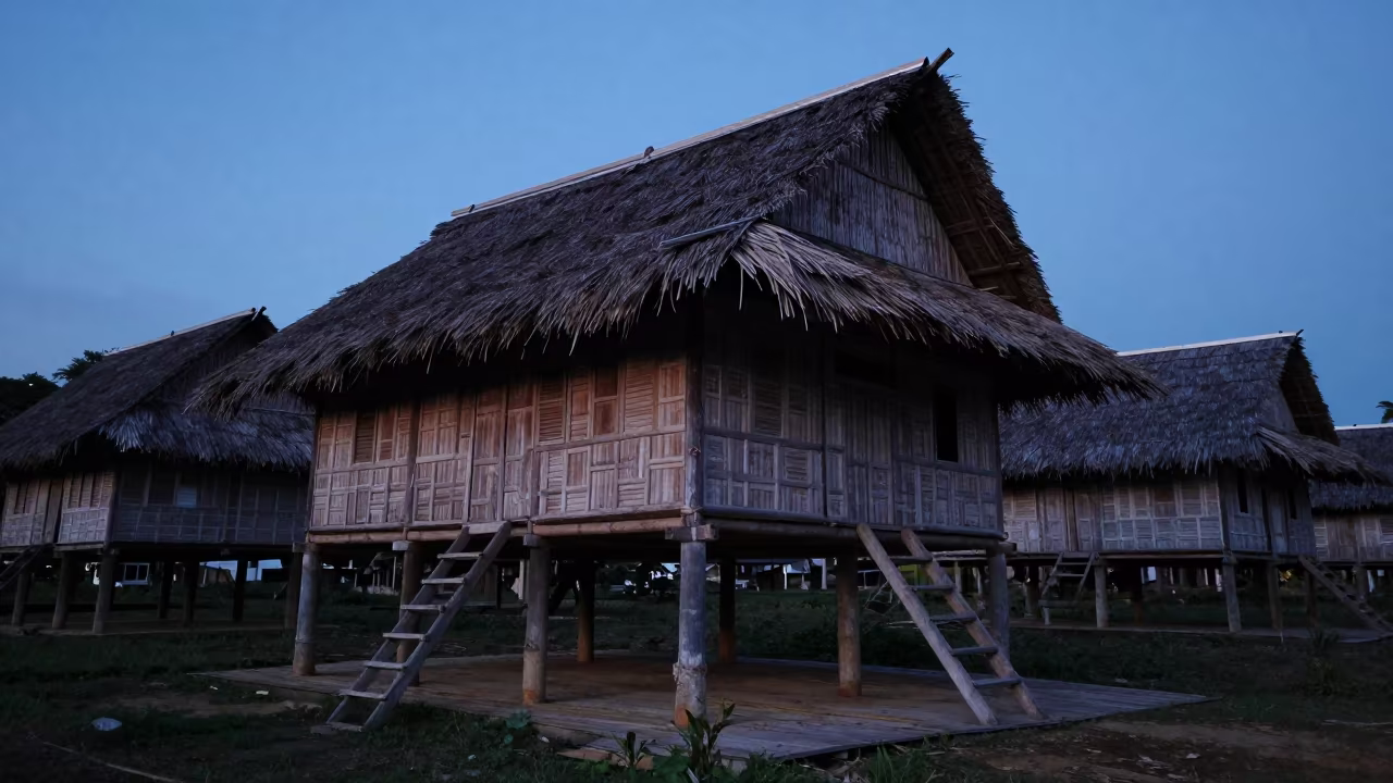 Bamboo Longhouse Under Indigo Twilight Sky in near Singapore