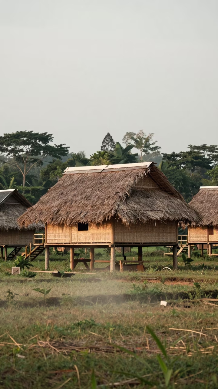 Bamboo Longhouse Village Under Overcast Sky in near Salvador