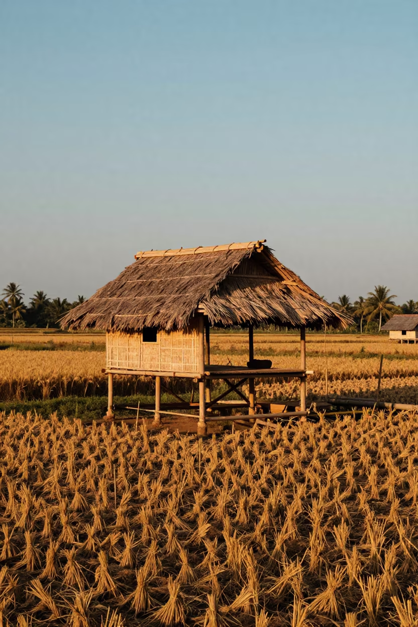 Bamboo Pavilion Over Rice Paddy at Sunset in across a harvested grain field in Mount Lavinia, Colombo