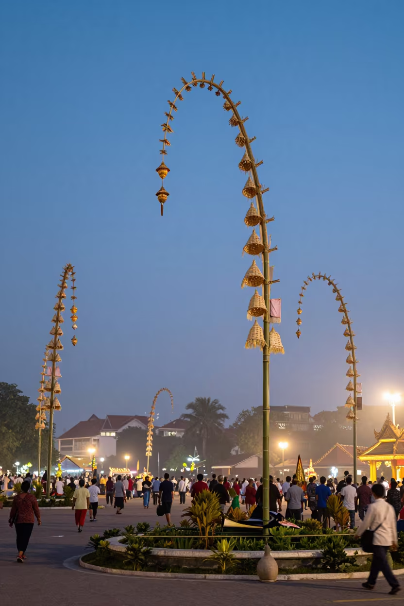 Bamboo Penjor Poles at Blue Hour in Phnom Penh in at a public square during a festival in BKK1, Phnom Penh