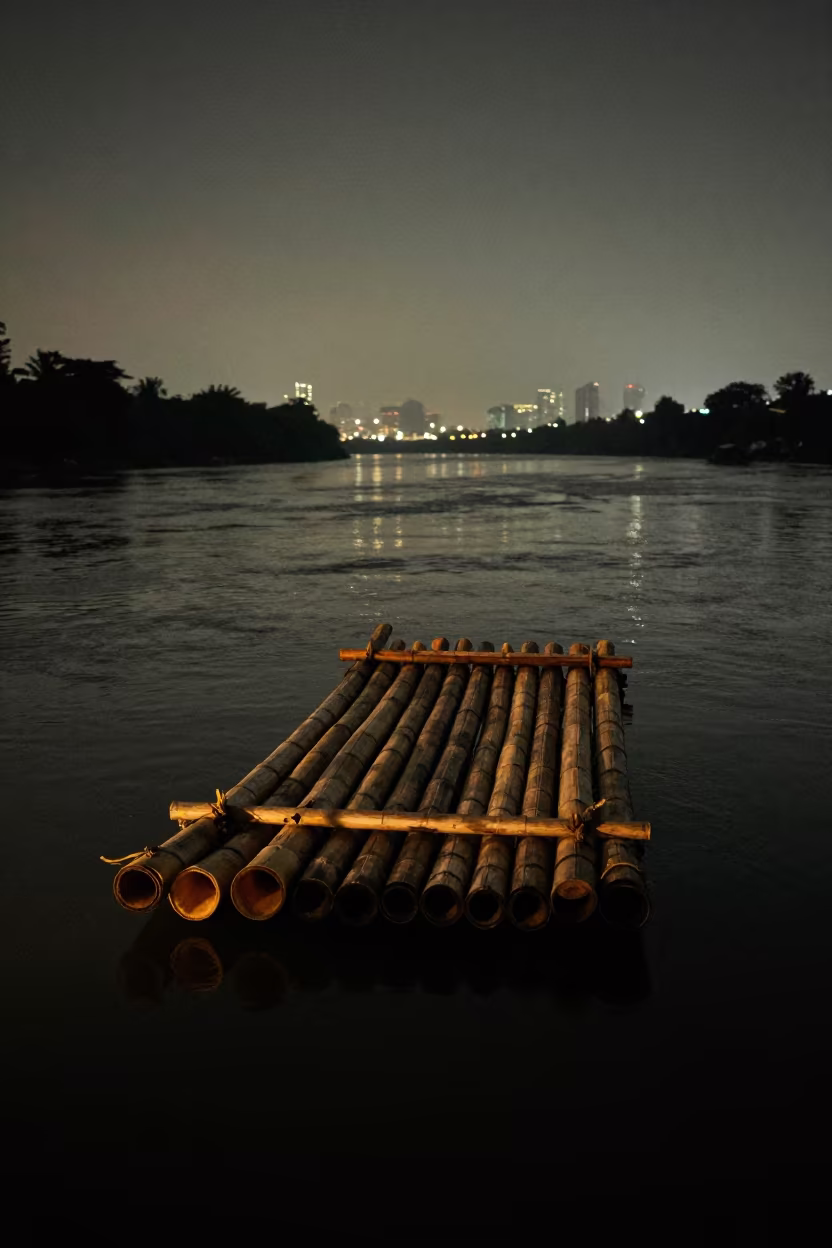 Bamboo Raft Drifting in Jakarta River Fog in near Jakarta