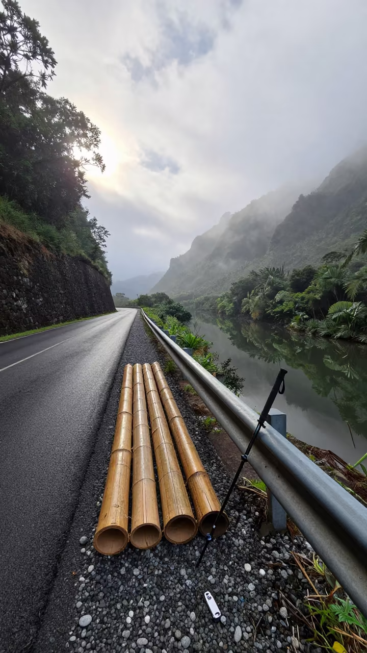 Bamboo Raft on Hawaii Mountain Road Cut in on a wind-open road cut in Hawaii