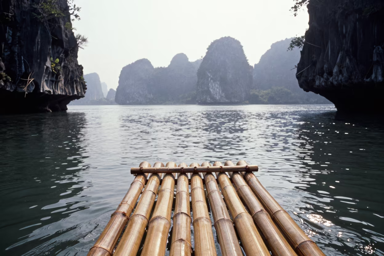 Bamboo Raft Poling Through Hawaiian Karst Fog in beside a fogbound harbor mouth in Hawaii