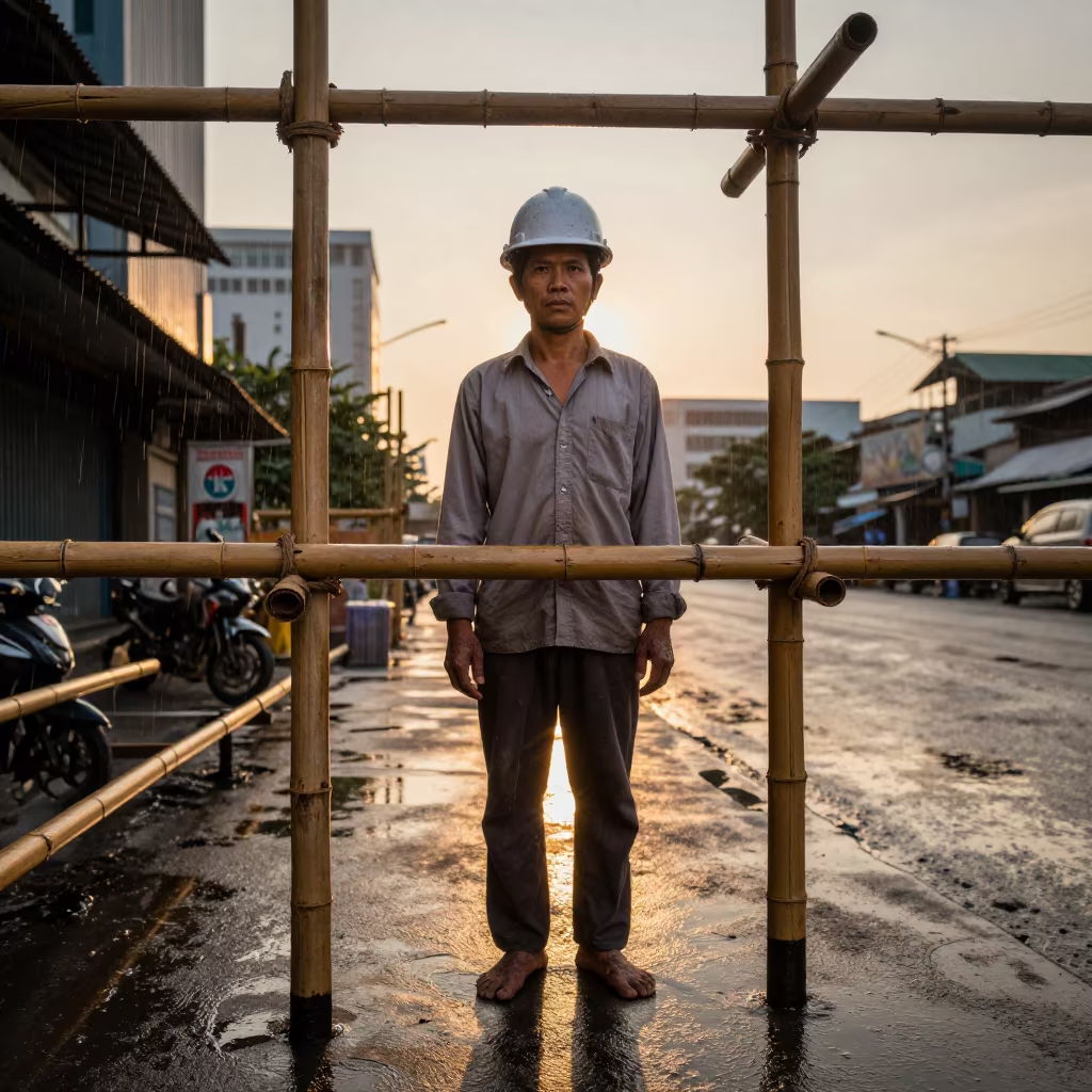 Bamboo Scaffolder Feet Sunset Bangkok in near Charoen Krung, Bangkok
