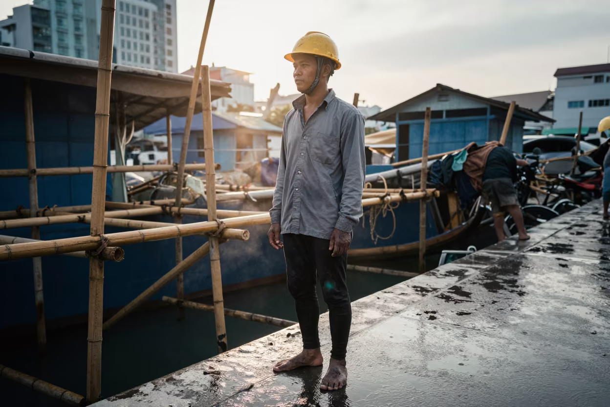 Bamboo Scaffolder at Ho Chi Minh Harbor in at a harbor edge in Ho Chi Minh City