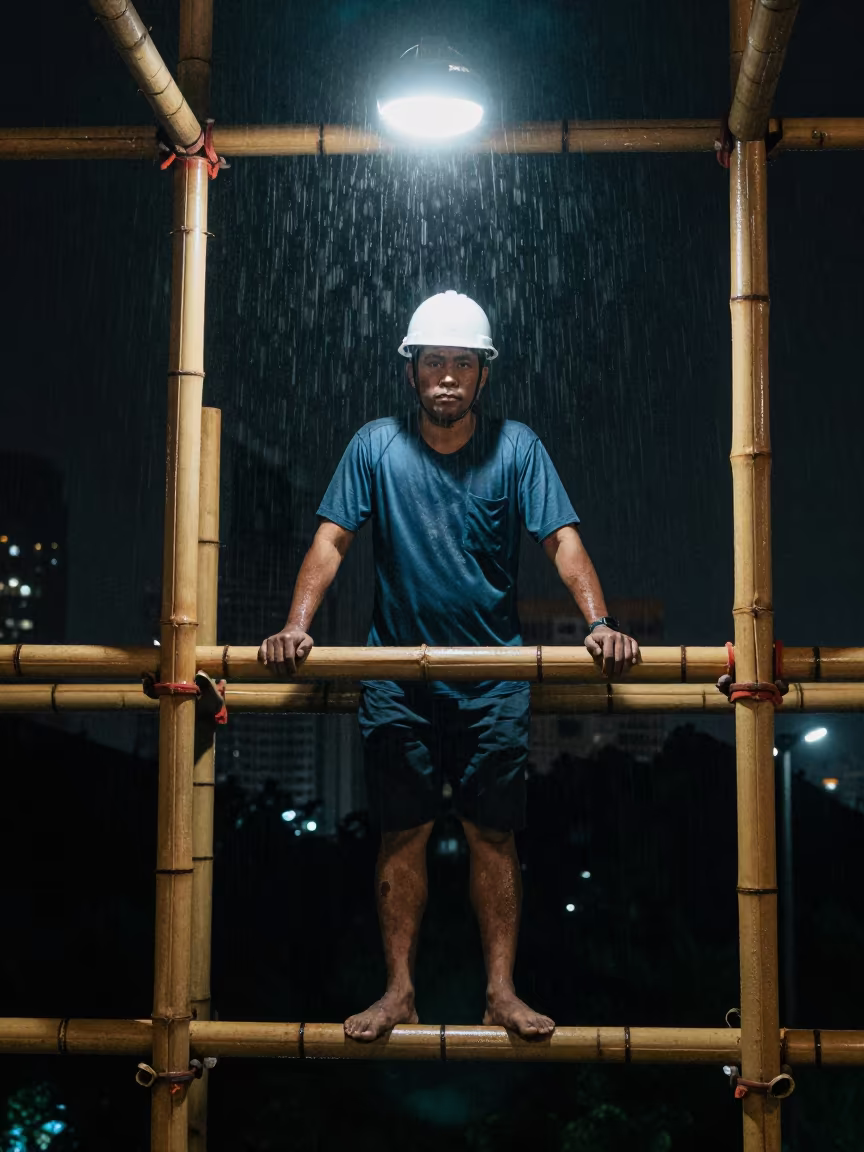 Bamboo Scaffolder Portrait Night Kuala Lumpur in in Kuala Lumpur