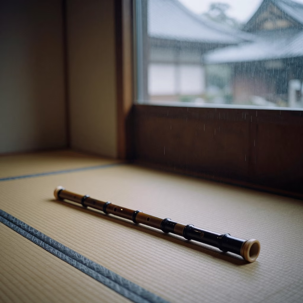 Bamboo Shakuhachi Flute on Museum Tatami in on a museum plinth near Nara