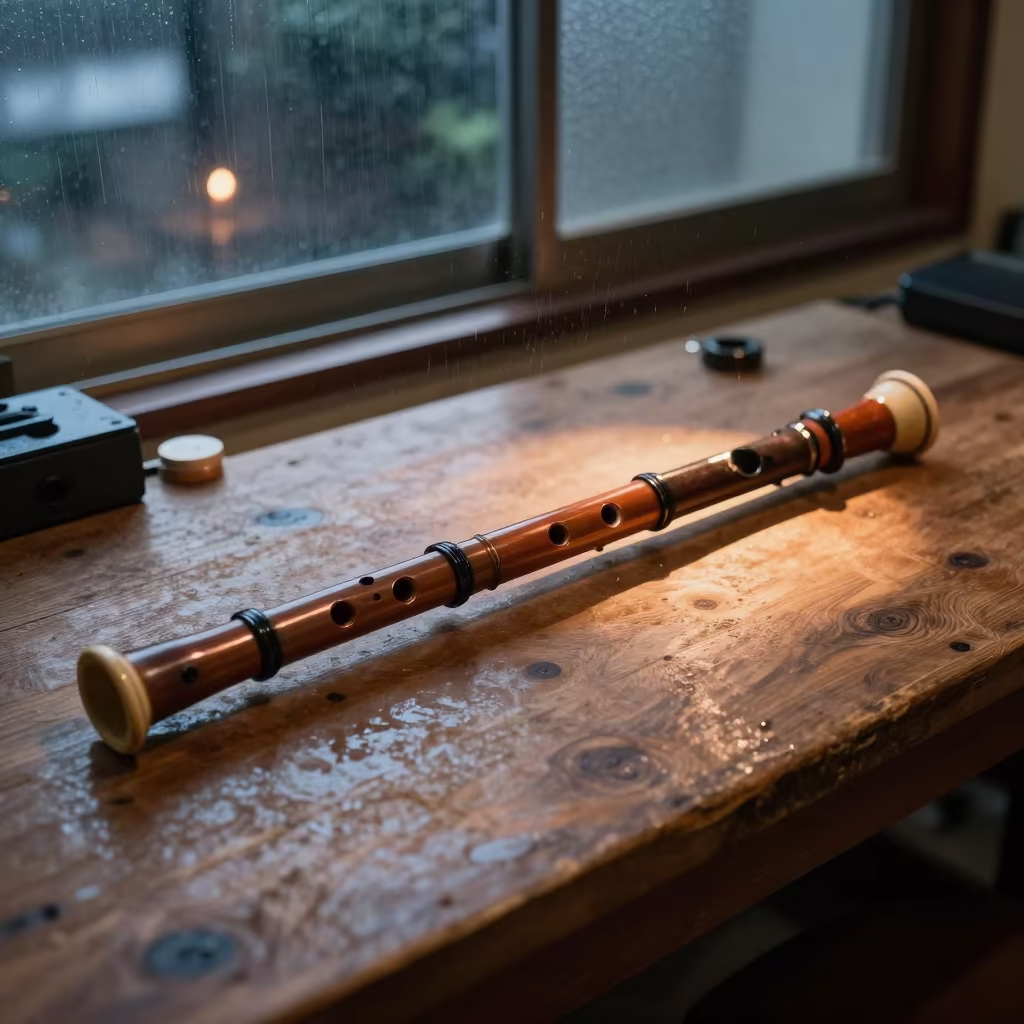Bamboo Shakuhachi Flute on Tatami Mat in on a wooden workbench in Tokyo