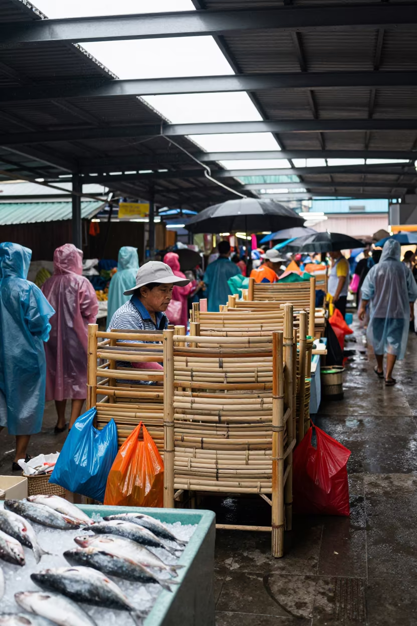 Bamboo Stacking at Thai Fish Market in beside a fish counter in Phuket