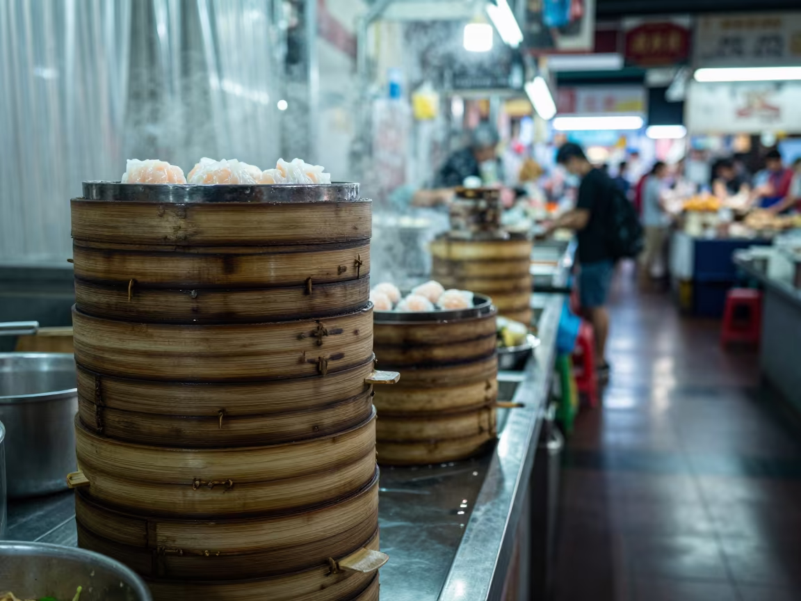 Bamboo Steamer Har Gow Morning Market Stall in at a market stall counter in Brickfields, Kuala Lumpur