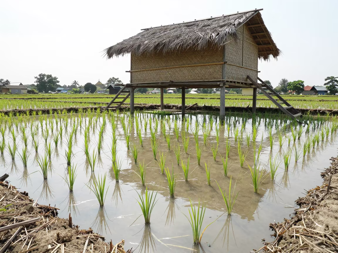 Bamboo Thatch Pavilion Over Irrigated Rice Paddy in along freshly irrigated rows in Thu Thiem, Ho Chi Minh City