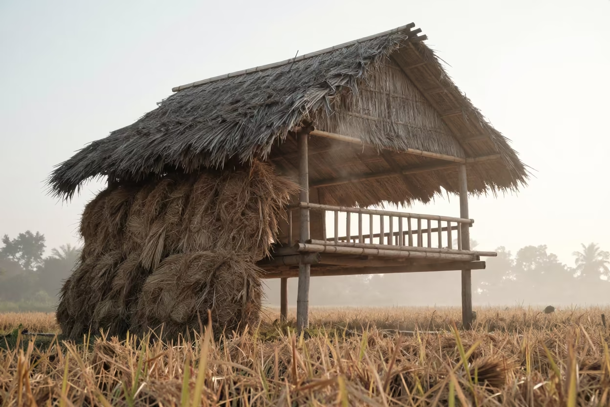 Bamboo Thatch Pavilion Over Rice Paddy Madagascar in beside stacked hay bales in Madagascar