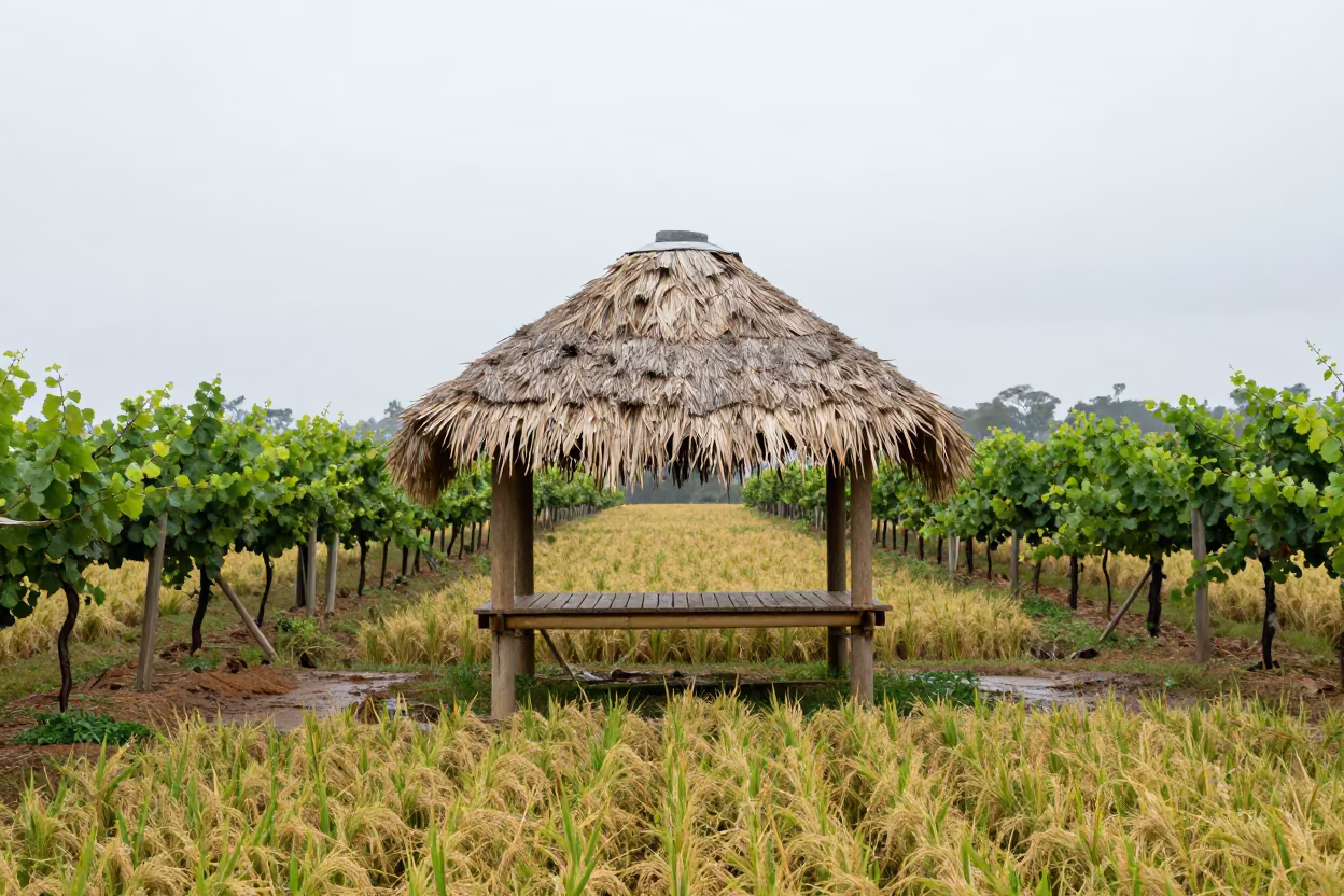 Bamboo Thatch Pavilion Over Rice Paddy in Queensland in between vineyard trellises in Queensland