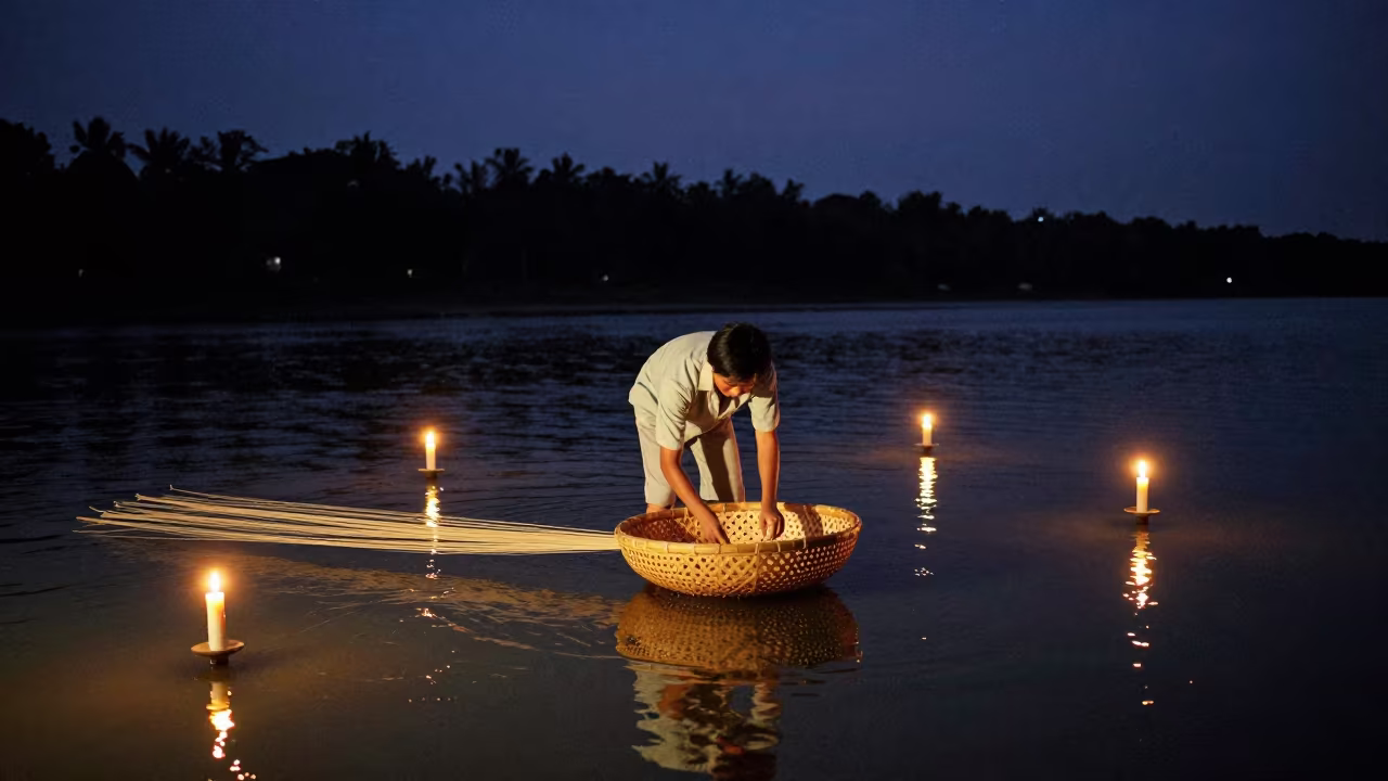 Bamboo Weaver Bending Strips by River in in a rehearsal room in Kuala Lumpur