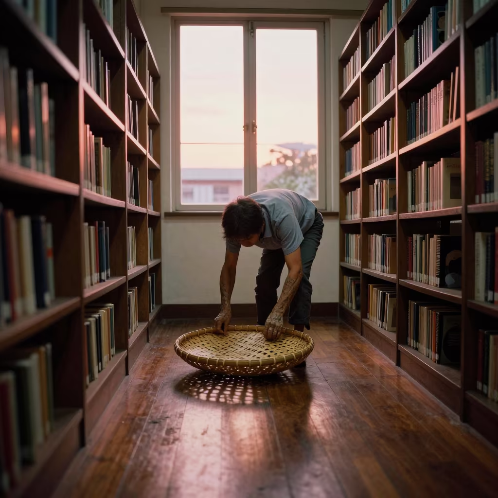 Bamboo Weaver Bends Strips in Little India Library in in a library reading room in Little India, Singapore