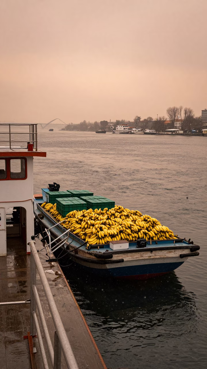 Banana Boat Cargo at Bursa Ferry Crossing in across a remote ferry crossing near Bursa