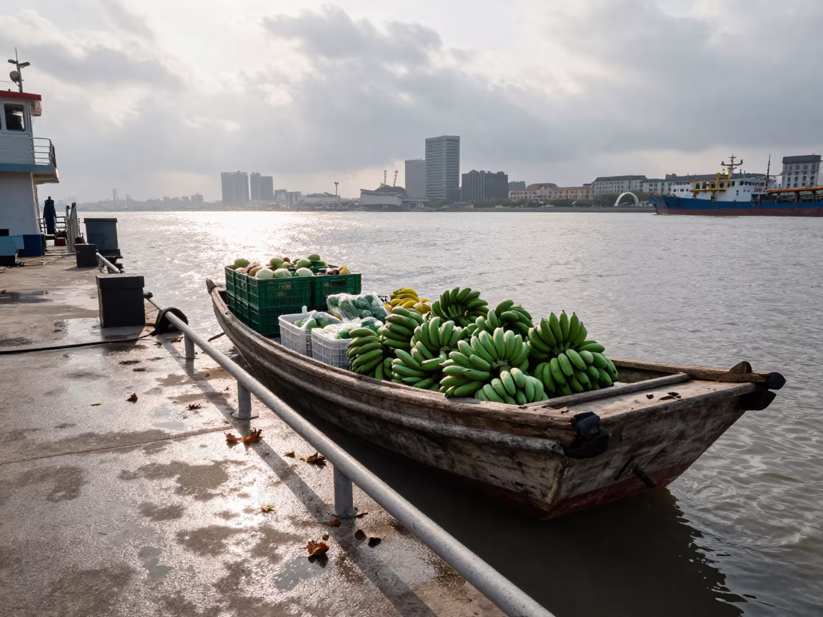 Banana Boat Cargo at Shanghai Ferry Dock in across a remote ferry crossing near Shanghai