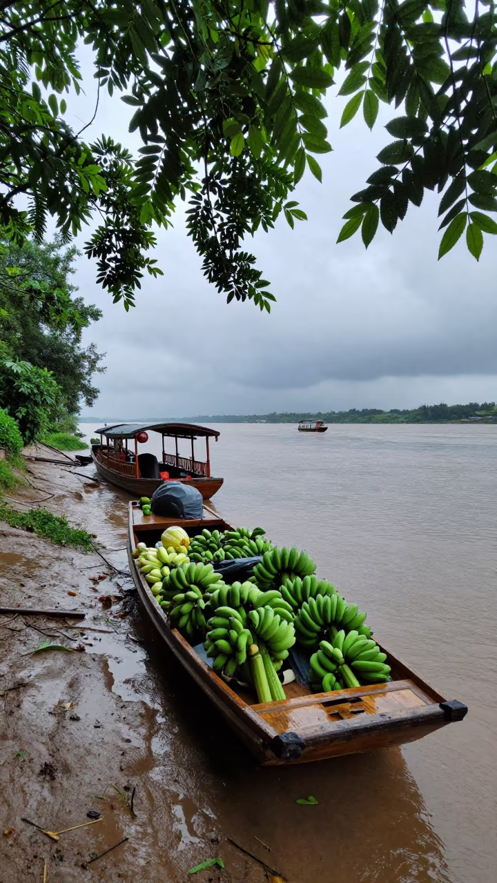Banana Boat Loaded with Produce at Jiangxi River Dock in along a switchback approach in Jiangxi
