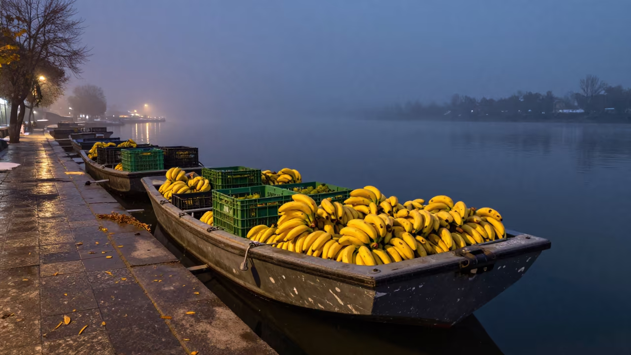 Banana Boat Loaded with Produce at Foggy River Dock in beside a fogbound harbor mouth near Irbid