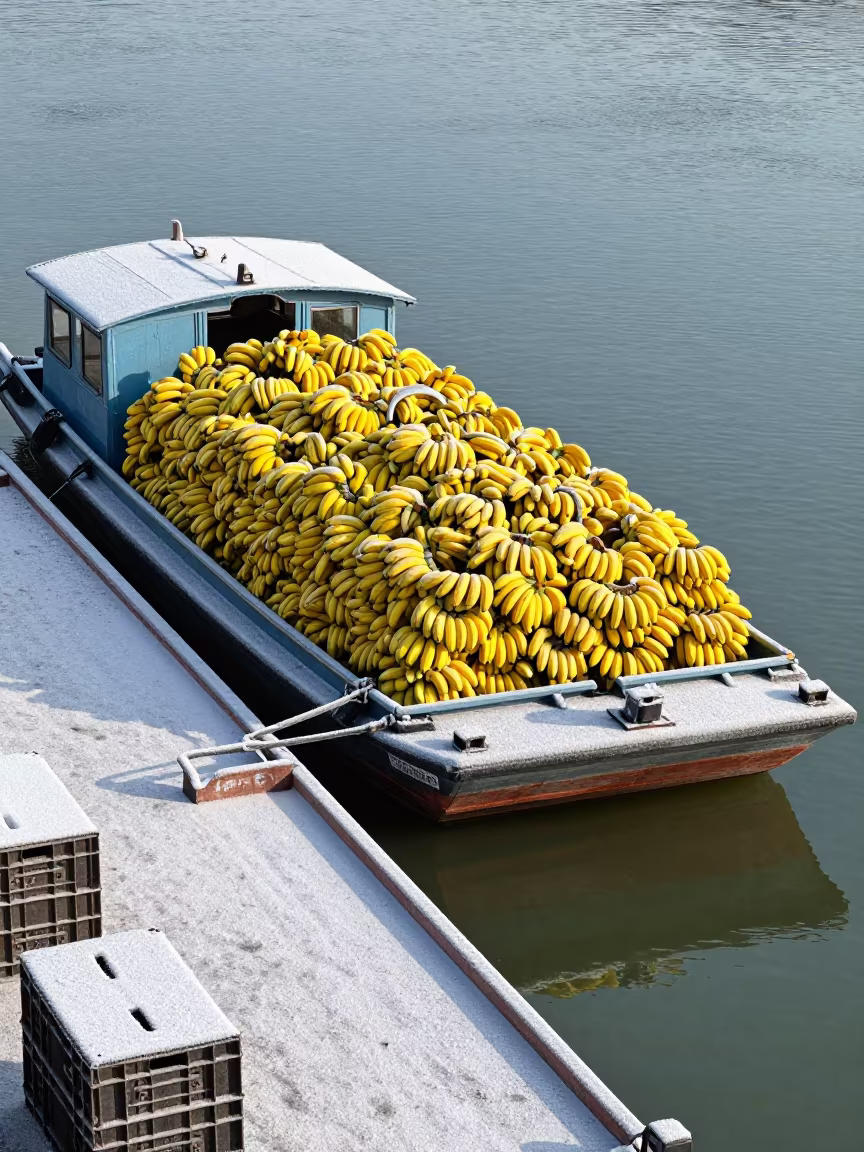 Banana Boat Produce Load Tianjin River Dock in along a switchback approach near Tianjin