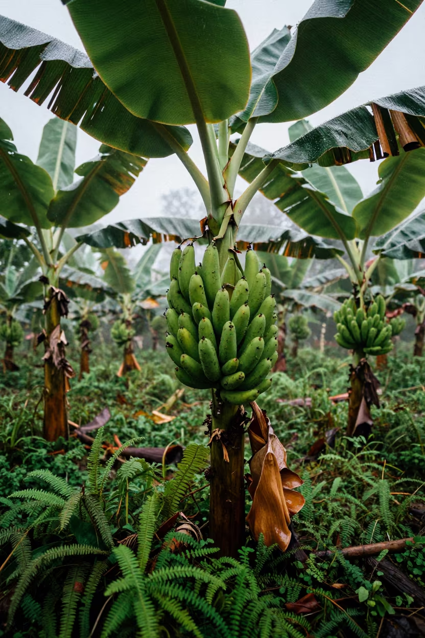 Banana Bunches in West Bengal Rainy Forest in on a fern-lined forest floor in West Bengal