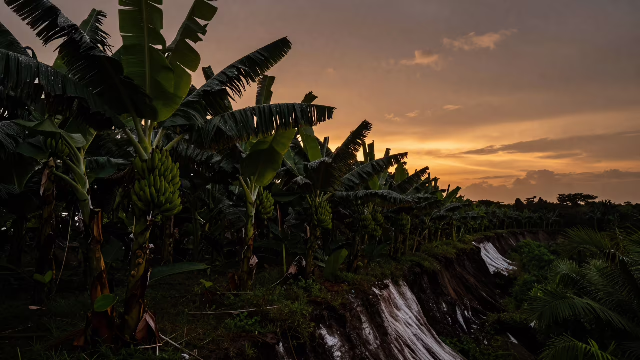 Banana Plantation Silhouette at Sunset Singapore in along a salt-sprayed cliff edge near Singapore