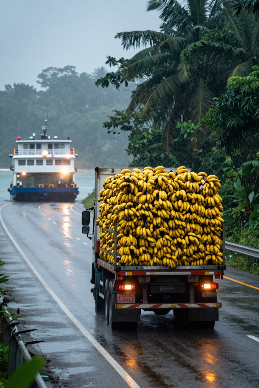 Banana Truck on Tropical Ferry Crossing Highway in across a remote ferry crossing near Kuala Lumpur